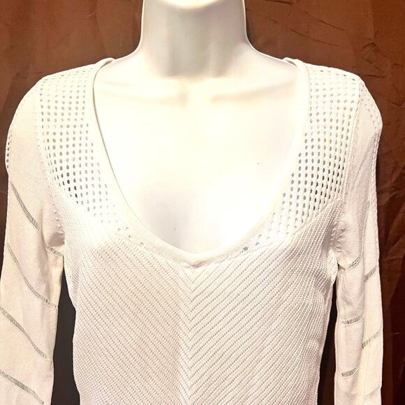 Cache Women's White Sheer Open Weave Deep V Neck Long Sleeve Fitted Sweater-XSM - Picture 2 of 16